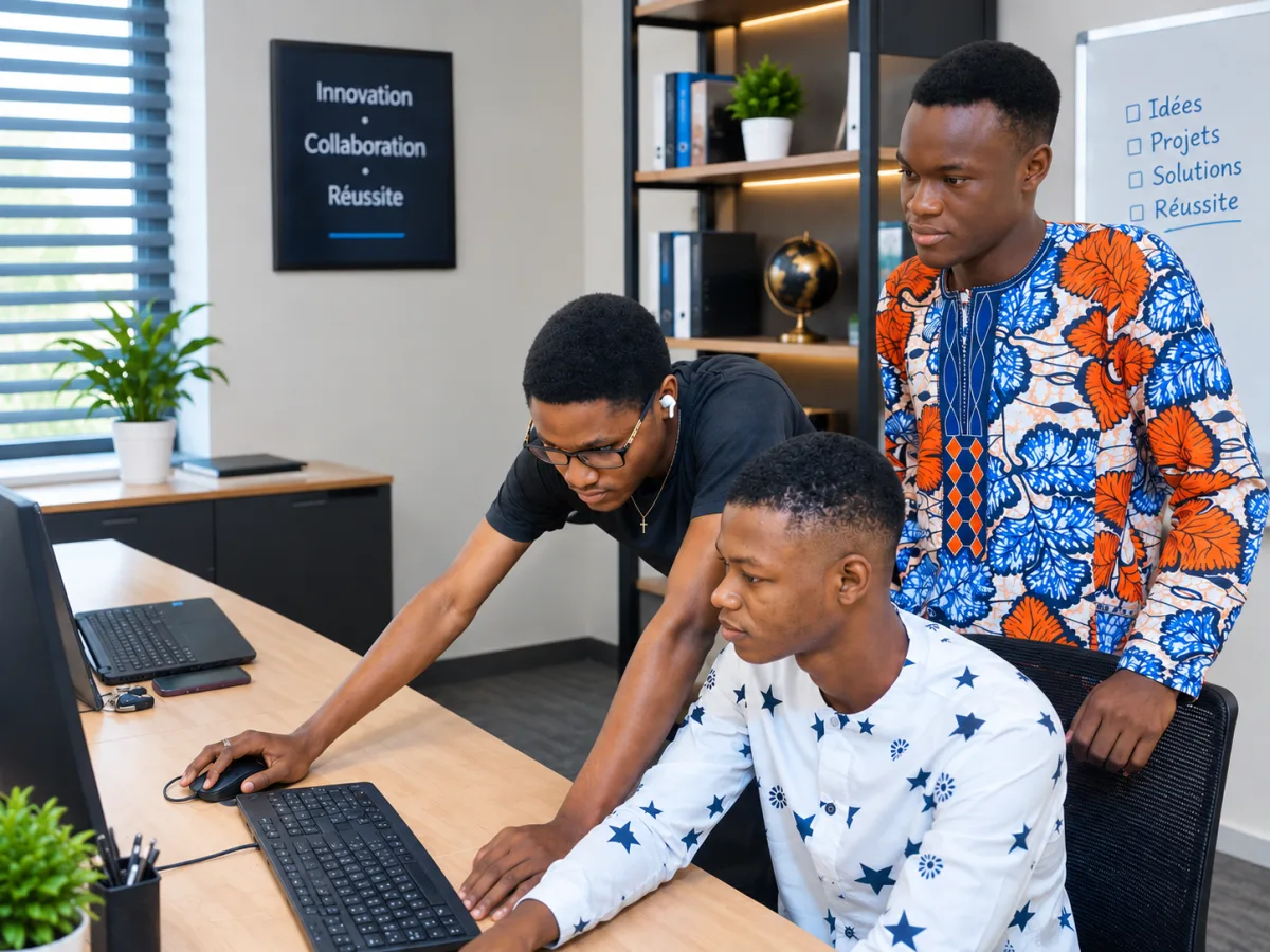 Trois collaborateurs de CESIE BENIN travaillant ensemble devant un poste de travail
